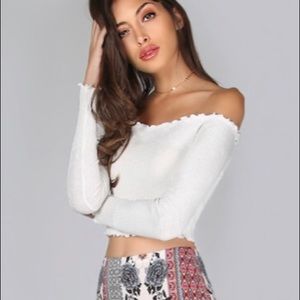 White Rib Knit Cropped Off The Shoulder Top